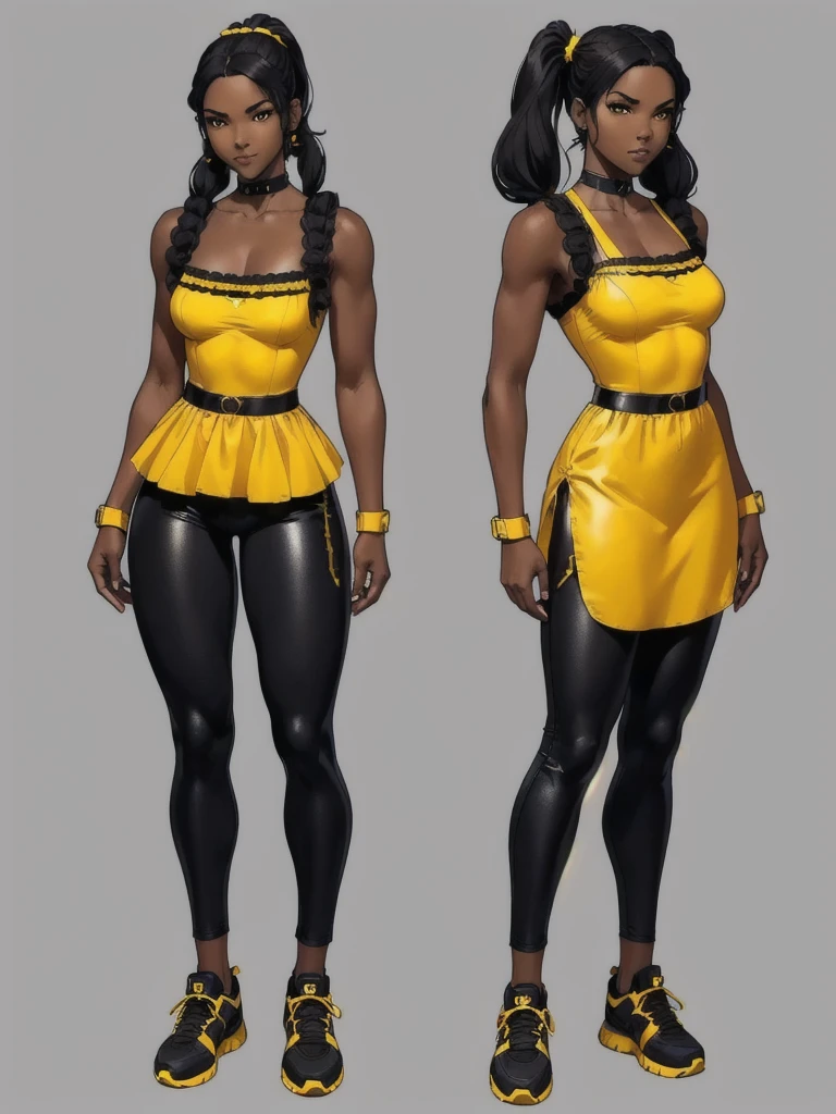 ((best quality)), ((4k)), ((highres)), ((masterpiece:1.2)). ((detailed)), ((ultra realistic)), ((intricate details)), ((full body picture)), ((character design sheet)), ((blank background)), ((standing in a blank background)), full body shot of a beautiful black female, ebony beauty, woman, 18 years old girl, dark brown skin, about 5'5 ft. tall, smirk on her face, ((smirking)), long curly black hair, ((long curly hair)), long hair, high pigtails, (((high pigtails)), dressed in a yellow sleeveless babydoll dress, ((EMPHASIS ON HER YELLOW SLEEVELESS BABYDOLL DRESS)), black leather belt on her waist, black SHINY leggings PANTS and sneakers, fighting game character design, tekken character design, the king of fighters character concept art, character concept art, full body, 18 years old female fighter, girly girl, cute girl, girly fighter character concept art