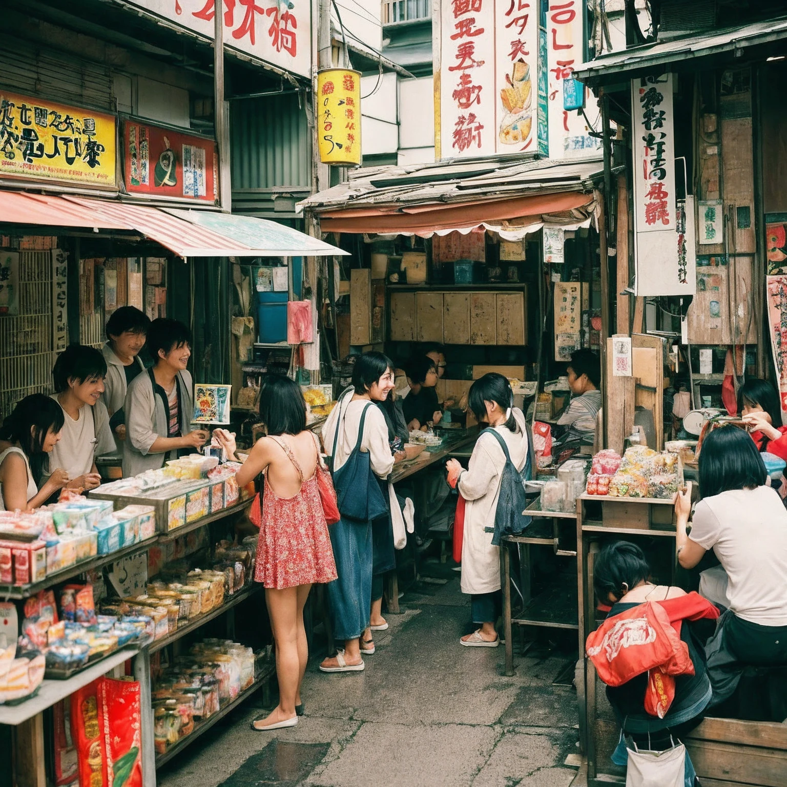 (masterpiece: 1.2, highest quality), snap shot, Japan's poor neighborhoods, Good old Japanese townscape、Poor conditions, (Dirty middle-aged)、Dirty and old store、Showa Retro、Playing with friends on the street、Have fun eating and drinking with friends, Japan candy shop, (Girl selling at a street stall), smile