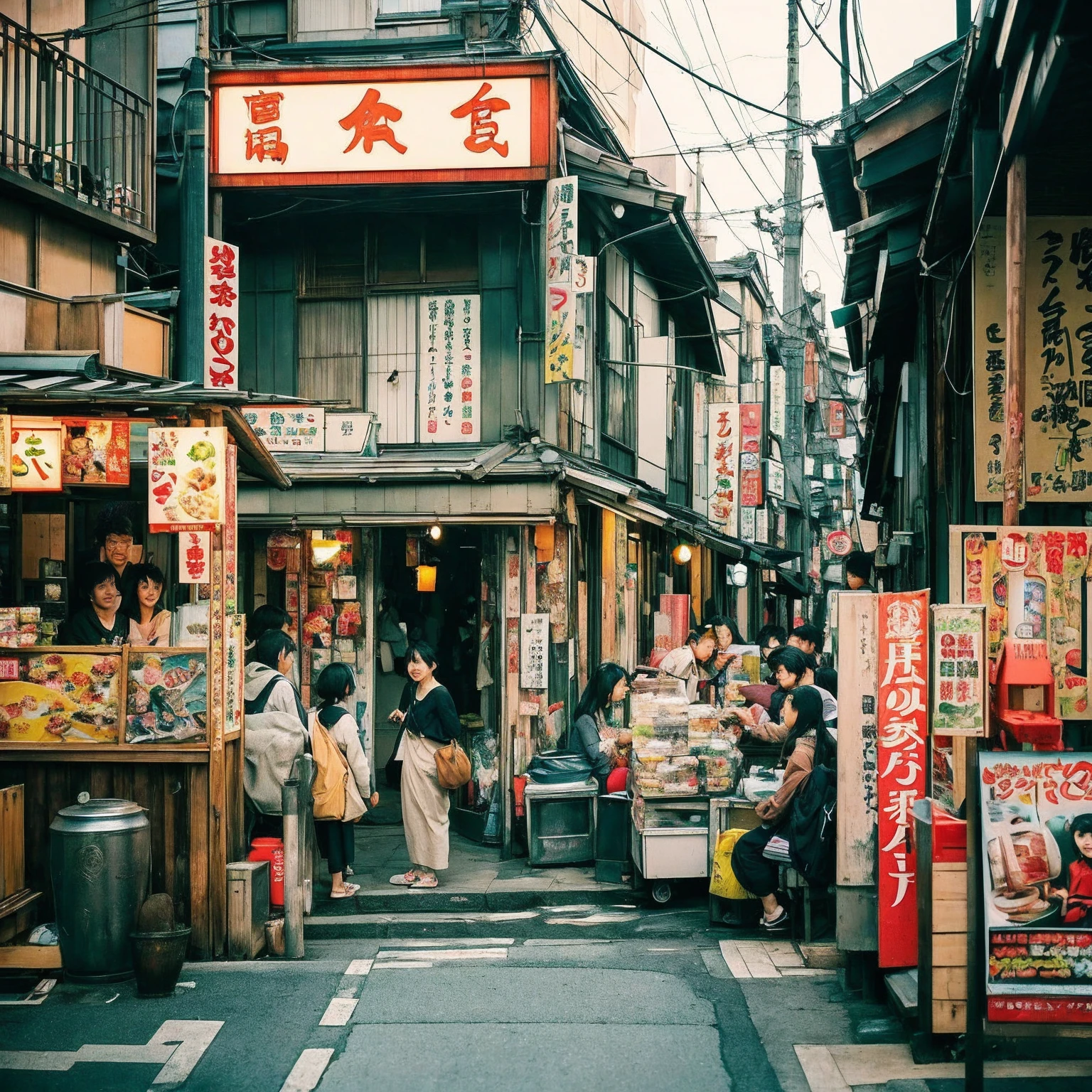 (masterpiece: 1.2, highest quality), snap shot, Japan's poor neighborhoods, Good old Japanese townscape、Poor conditions, (Dirty middle-aged)、Dirty and old store、Showa Retro、Playing with friends on the street、Have fun eating and drinking with friends, Japan candy shop, (Girl selling at a street stall), smile