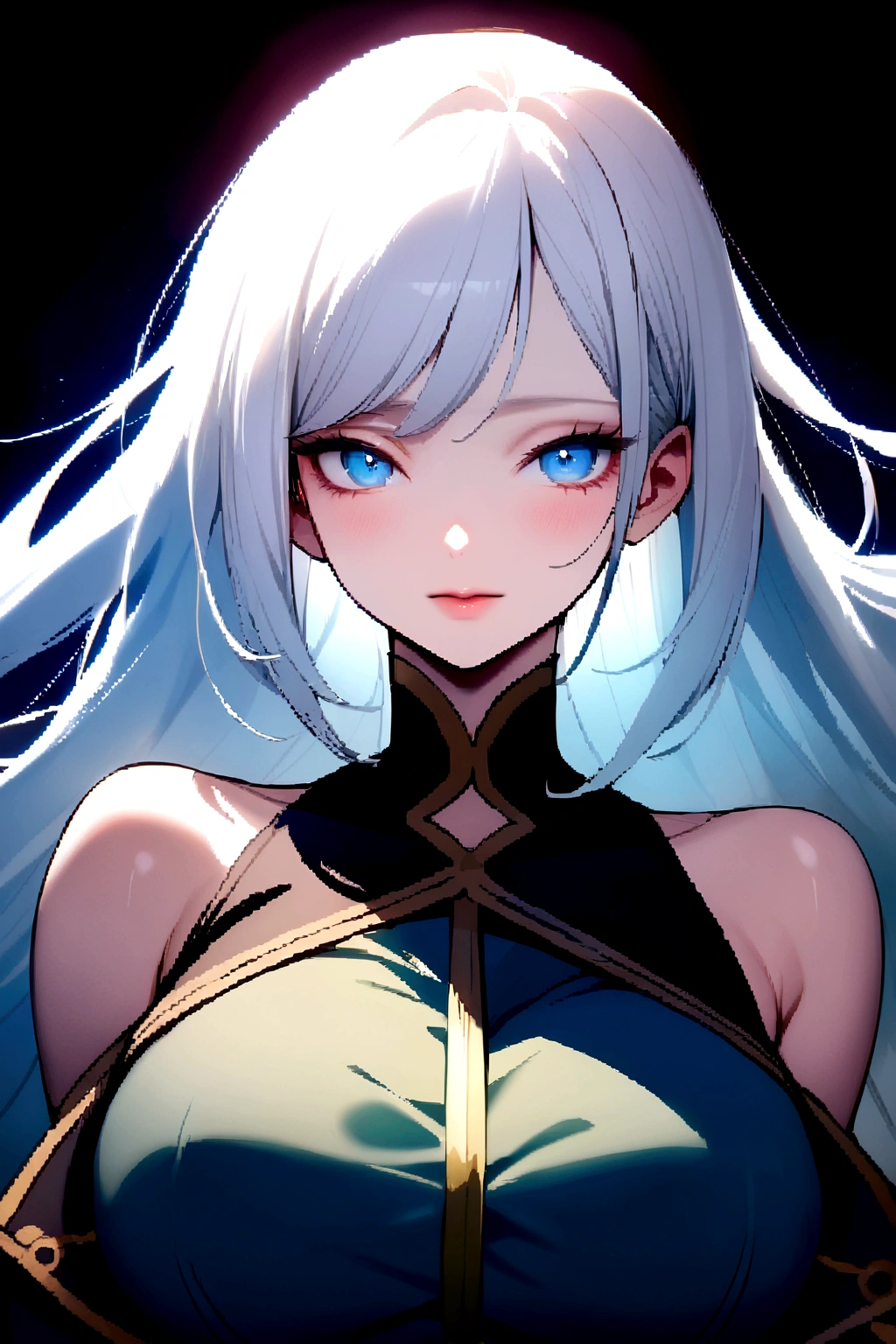 A woman with white hair and blue eyes and a large chest