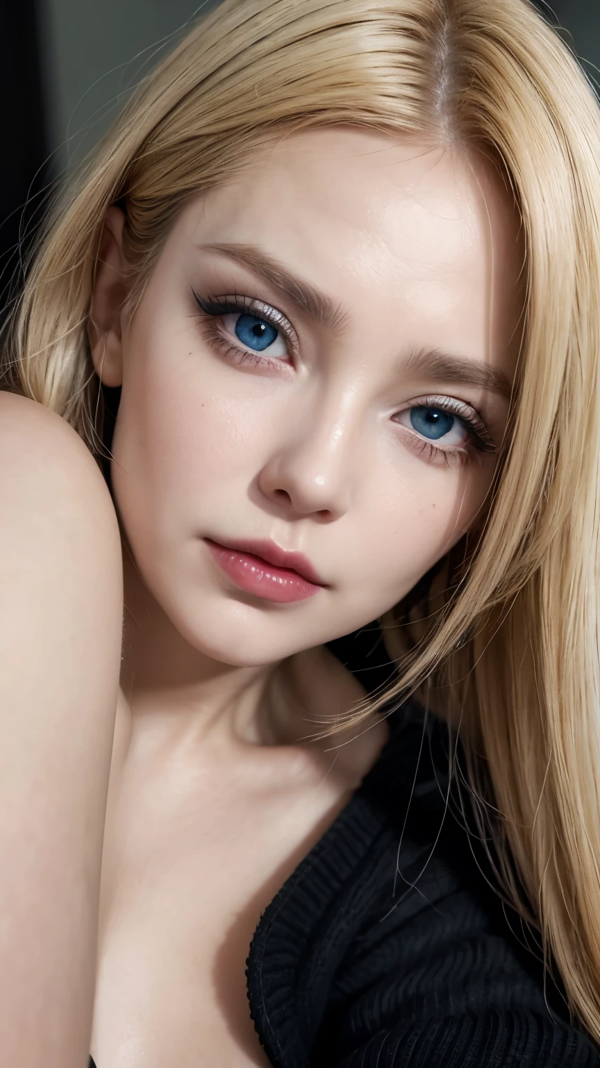 Beautiful 55 years old mature woman with blue eyes red lips black eyeliner with blonde hair