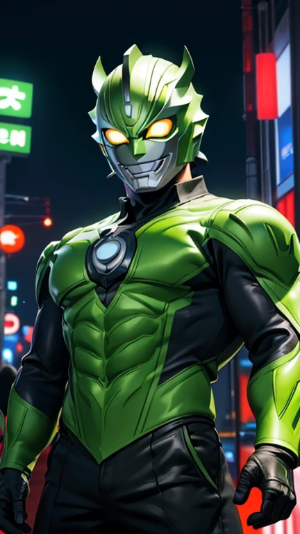 (8k),(masterpiece),(Japanese),(8--old ),((innocent look)),((Childish)),From the front,smile,cute,Innocent,Kind eyes,Flat chest,green helmet,green domino mask, The Incredible Hulk, short,Black Hair,Strong wind,night,dark, Neon light cyberpunk Tokyo city, allultraman,camisa