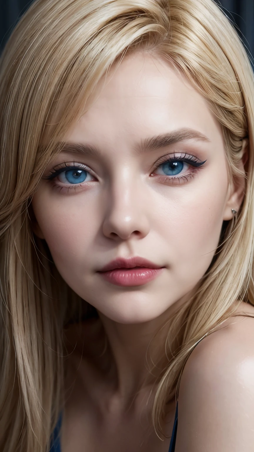 Beautiful 55 years old mature woman with blue eyes red lips black eyeliner with blonde hair