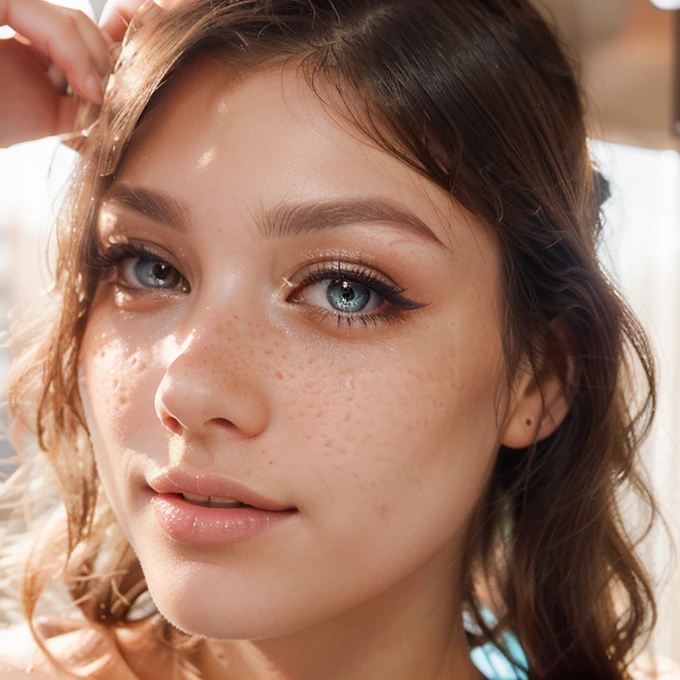 Create a hyper-realistic image of a woman with jet black , long wavy hair that cascades over her face, highlighting one eye. Her eye should be a vivid light blue, clear and piercing, with an intense and focused gaze. The skin should be fair with a natural abundance of freckles across the nose and cheeks, and her lips should have a soft pink color, with a gentle and subtle expression. The image should be a close-up portrait that captures the fine details of her freckles and the individual eyelashes, with a shallow depth of field that blurs the background. The lighting should accentuate the texture of her hair and the sparkle in her eye