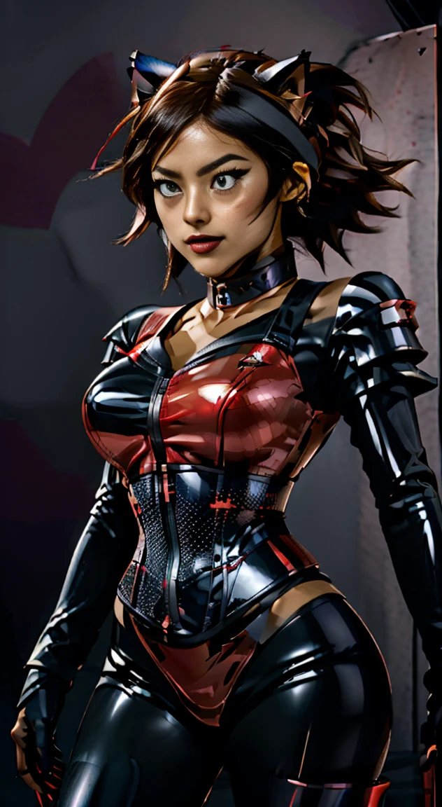 (Best quality, 4k, 8k, Ultra HD, High resolution, masterpiece:1.2), Catra as Mettaton, full spandex/latex attire (reds and blacks), neon lights, flawless makeup, happy singing pose, cat ears, fierce expression, long hair, simple greyscale background, sleek design, captivating stage presence, captivating red lipstick, confident stance, fashion model, anime glasses, anime tinted red shades, black latex pants, black latex corset, holding a large stage microphone, performance microphone, black microphone, singing stance, extremely tight corset, red bow tie around neck, medium nougat-skin color, heart-shaped silver belt buckle, long slick cat tail, thick armored metal belt, heart on armored red chestplate, long hair, brown hair, heavily armored black cuirass, chest encased in armor, black turtleneck armored, wide hips, brown hair, thick flowing brown hair,black undersuit, white mascot gloves, cuffed gloves
