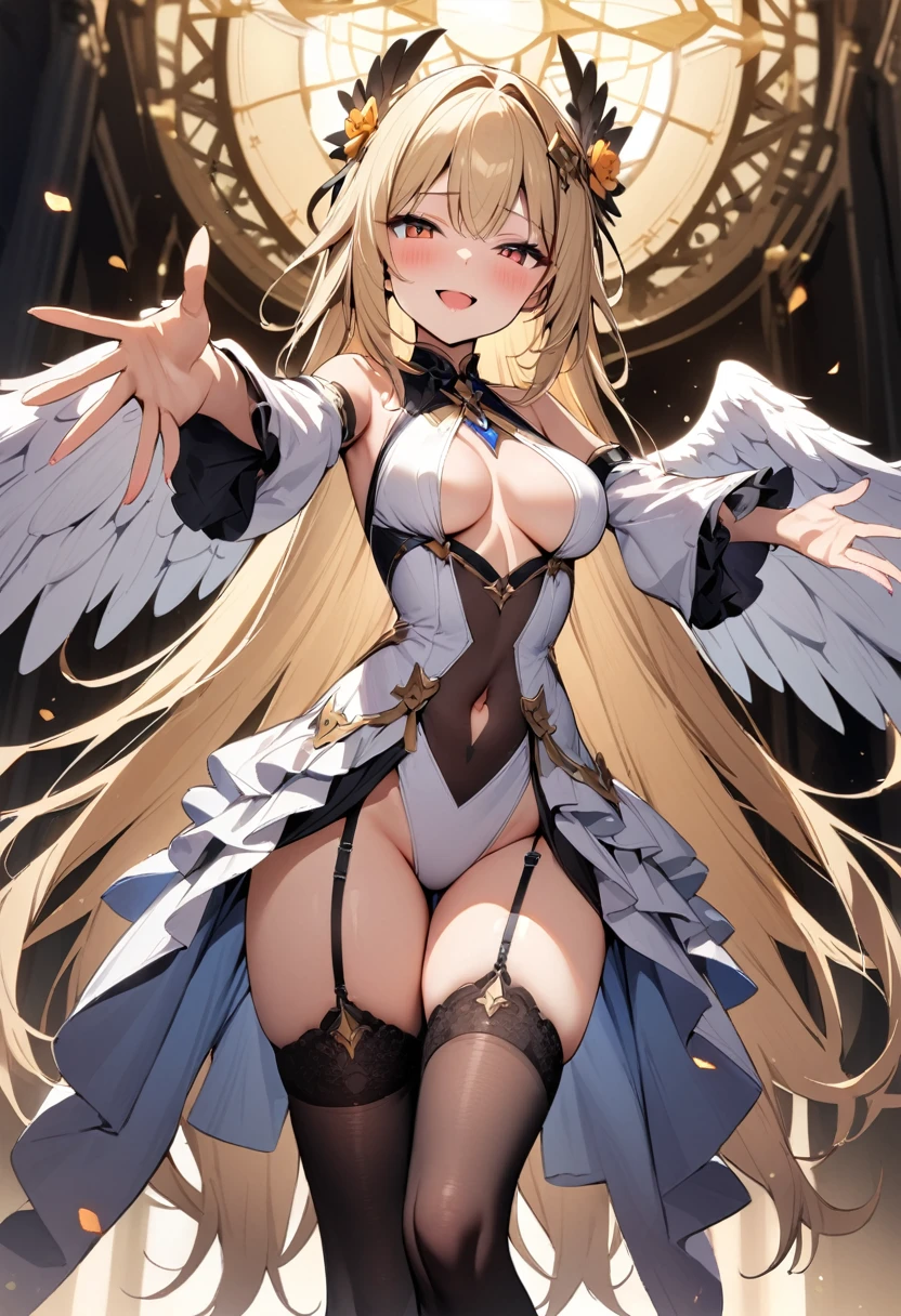 masterpiece, best quality, solo, 1girl, blonde-hair, wings, thighhighs, (very-long-hair), smile, wide-sleeves, navel, hair-ornament, blush, looking-at-viewer, detached-sleeves, open-mouth, frills, outstretched-arms, black-thighhighs, dress, oragen-eyes, half-closed-eyes, long-sleeves, bangs, breasts, center-opening, standing, angel-wings, white-wings, garter-straps, flower, parted-lips, bare-shoulders, navel-cutout