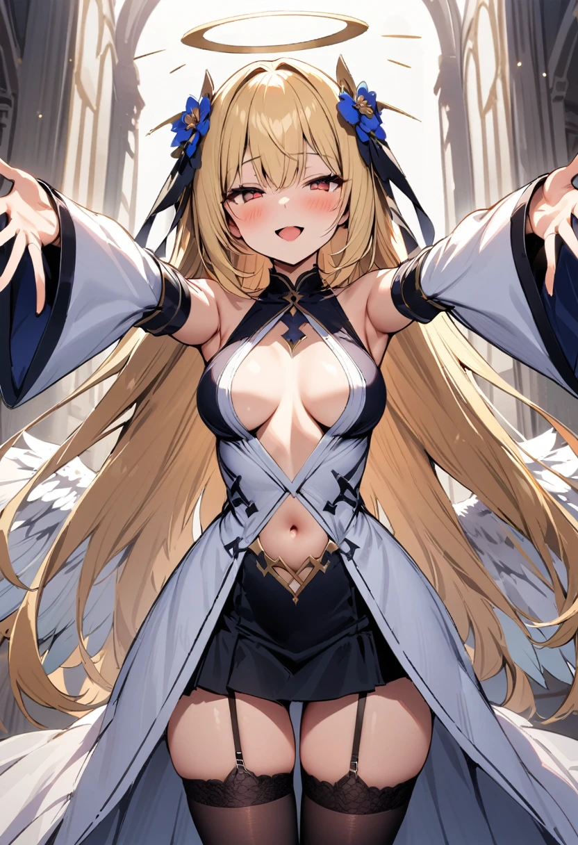 masterpiece, best quality, solo, 1girl, blonde-hair, wings, thighhighs, (very-long-hair), smile, wide-sleeves, navel, hair-ornament, blush, looking-at-viewer, detached-sleeves, open-mouth, frills, outstretched-arms, black-thighhighs, dress, oragen-eyes, half-closed-eyes, long-sleeves, bangs, breasts, center-opening, standing, angel-wings, white-wings, garter-straps, flower, parted-lips, bare-shoulders, navel-cutout
