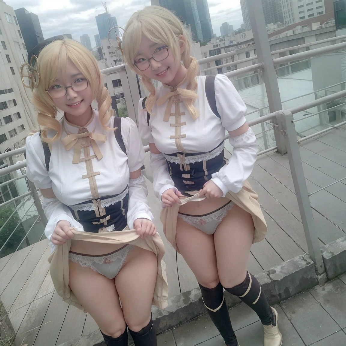 1 person、Slender woman with glasses、Looks young、Show your underwear、Sheer lace underwear、Mami Tomoe、smile、Rooftop、Are standing、Urinating while standing