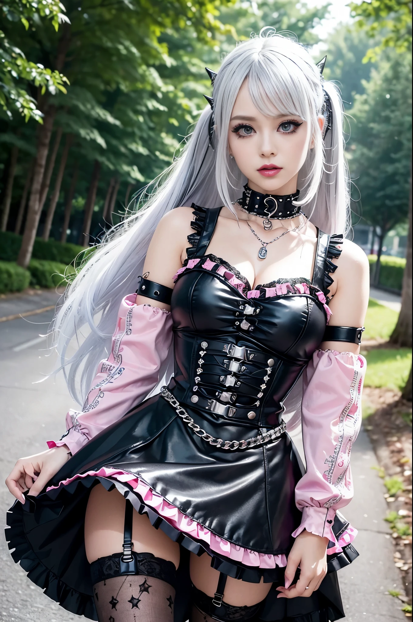 sexy stylish Swedish model, only 1 female, ((doll-like appearance)), long neon pink stylish hair, ((shiny Punk-Style boots)), (beautiful smile), ultra detailed eyes, Punk makeup, lipgloss, ((sexy Punk ta cosplay)), unconventional skirt, petticoats, high neckline, ((ultra detailed lace)), ((ultra detailed embroidery)), intricate details, tartan patterns, (silver chains), (silver spikes), (safety pins), Punk Loliccessoires, Punk Lolita cr, ((large sparkling Punk Lolita jewel, cinematic light, detailed large park background with trees