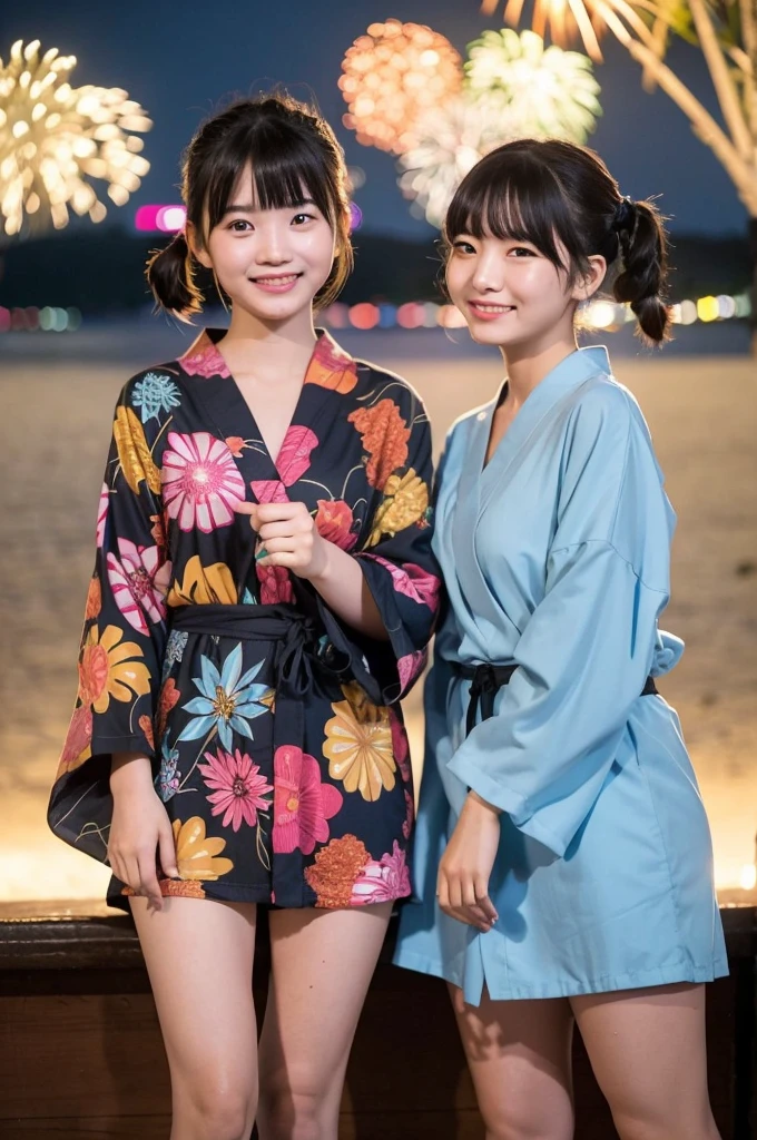 2 girls in beach at night,long-sleeved yukata,fireworks,18-year-old,bangs,a little smile,thighs,knees,short hair with low pigtails bunches,from below,front light