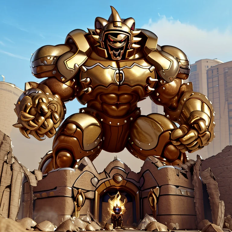 (Solo. masterpiece. official art. 8k. best quality. detailed full body. full body.)
(situation 1 : dominating zeraora. zeraora is over 1000 meters long. focus GIANT mechanical Muscular zeraora is trampling the city. Looking down. macro. stomp. Low-angle perspective. emphasizing the immense size. He is much bigger than a skyscraper. Giga Giants. looking down. foot focus, (soles:1.2))
(situation 2 :smoke and flames rising from the destruction in the city)
(Additional details 1: wearing a full-face helmet. golden armor. Armored Flazzard. Armored_Flazzard. high-tech bio-mecha armor. real texture material. whole body shines like metal. Wearing cyberpunk mecha. emphasizes the muscles. suit fully made of metal. intricate armor. Robotic suit. suit fully made of metal. cyborg. He is wearing a golden cloak.).
(Additional details 2: (Detailed head. Detailed Body. Detailed abs. gigantic muscles. HYPER MUSCLES. Gigachad Muscular. big muscle. pecs. triceps. traps. unusually developed muscular body. body full of huge muscles. showing off muscles. pectorales enormes. Exaggeratedly huge muscles. huge muscles. long legs.).
(Additional details 3: Spread wings. It has wings. have big wings. The claws are sharp. Sharp teeth).
(Additional details 4: golden hyper penis. hyper golden penis. big penis) Chrome Armor