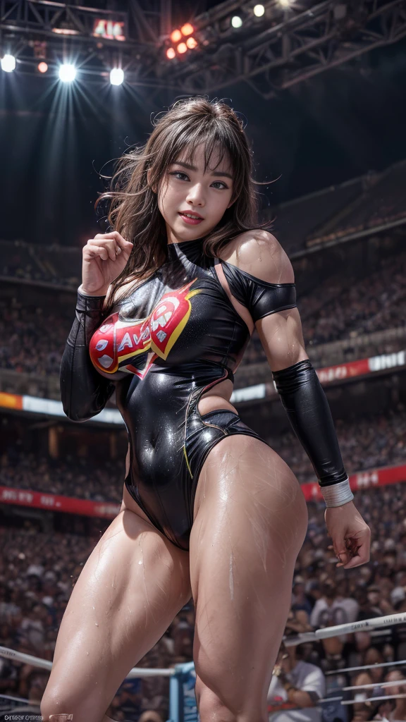 Female professional wrestler、Fighting Pose、expensive、smile、((In the Ring))、((Spotlight))、(((Big stadium)))、((Super big breasts))、((Super tight uniform))、Wristband、(((A flashy costume with a bizarre pattern)))、((Elbow Support))、((Knee support))、I can see your muscles、Hairstyle with bangs、((Sweat))、((Match venue))、Very beautiful woman、((Female Athletes))、(Detailed face)、Realistic Skin、((Delicate photo))，(Girl masterpiece RAW photo details:1.25), (Highest quality:1.6), (Ultra-high resolution:1.5), (Realistic:1.75), 8K resolution,50mm, Absurd, Super detailed,Cinema Lighting、