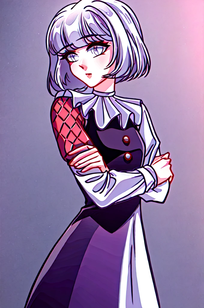 A girl with purple and white hair with short wavy hair and a dark purple dress