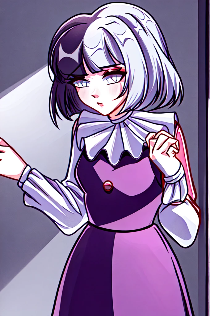 A girl with purple and white hair with short wavy hair and a dark purple dress 
