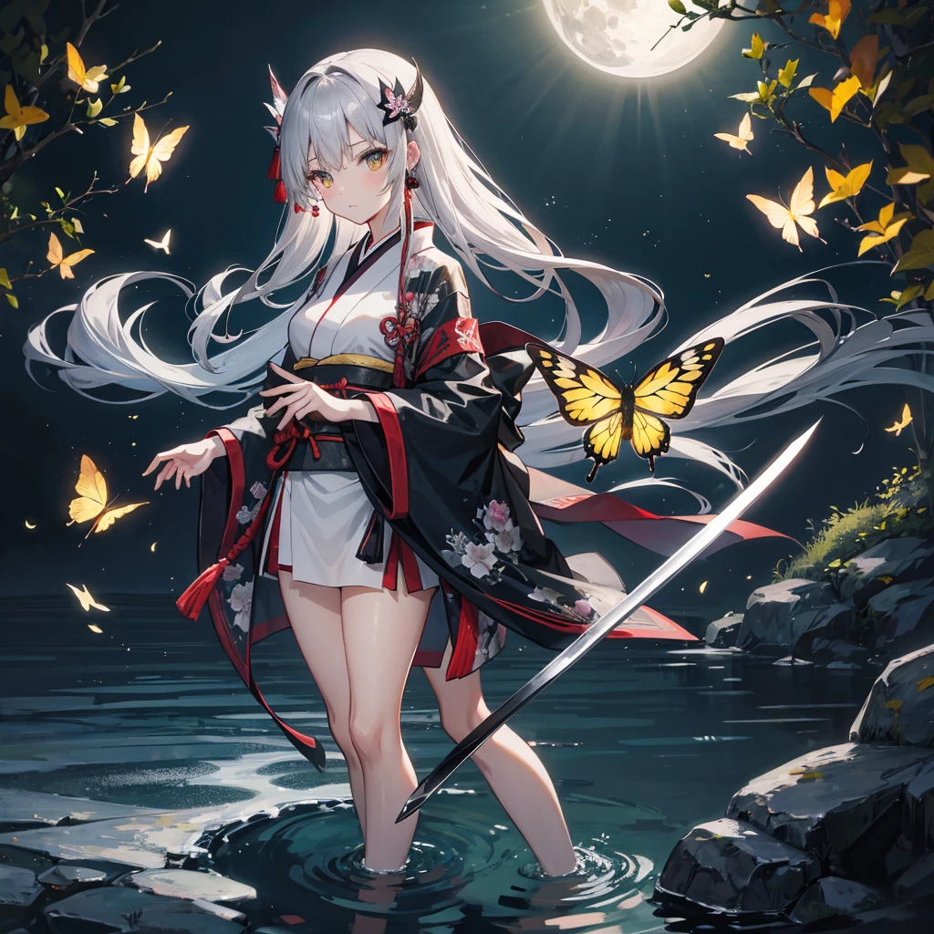 ((High resolution　Gray Hair　Long Hair　Black kimono　Black Band　military commander　Lonely　despair))　((Yellow butterfly　night　Japanese style　　old　Shining Aura　Japanese garden　water surface))　(dance　Blade of Darkness　Japanese sword　Slashing)　moon　star　Draw your sword　Slashing　Catch the wind　autumn