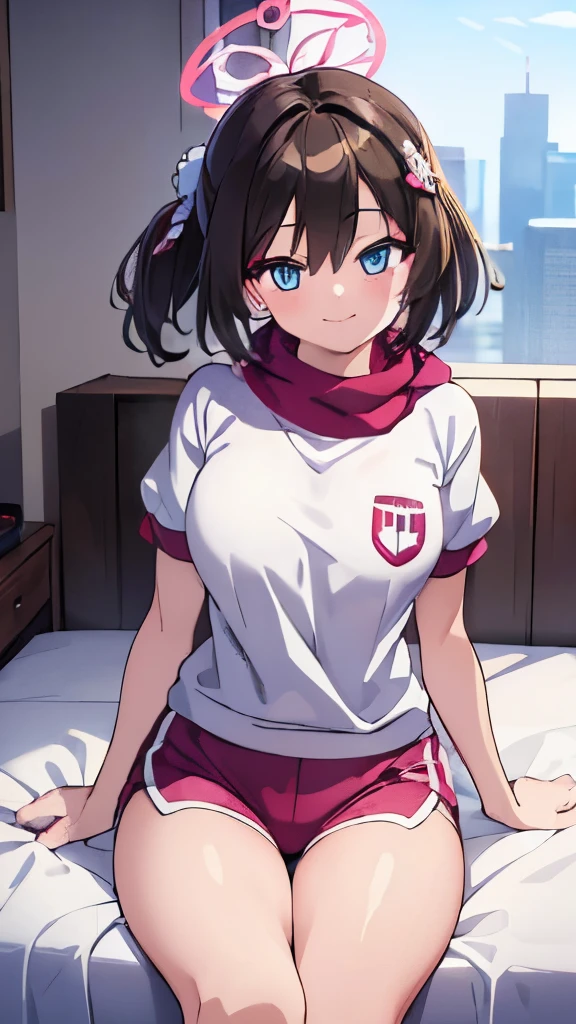 ((masterpiece)), ((best quality)), (ultra-detailed), anime style, on the bed, a cute girl, 1girl, solo, gym shorts00, ((beautiful eyes)), smile