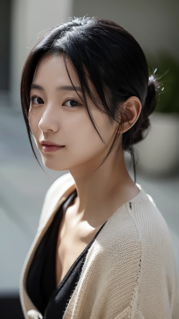 a woman, has a small nose, shining eyes, thick black hair that is tied up, not wearing clothes