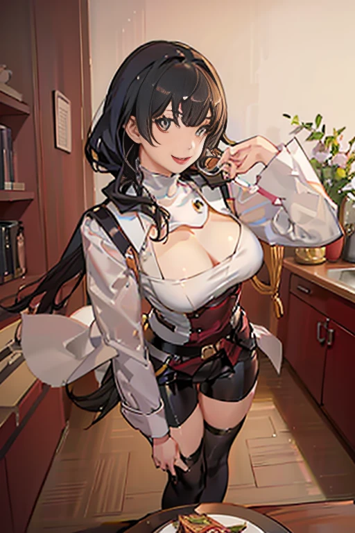 (dynamic angle:1.3, front view:1.1, breast focus:1.3, from above:1.1), (dynamic posing:1.2, sexy posing:1.2), (seductive smiling:1.3), ((holding Pasta on a plate,Taking the pasta out of the pan, worried about the outcome:1.2)),highest quality、(real、photorealistic:1.4),(ultra high resolution, 8K RAW photo, clear focus), best qualtiy, natural lighting, field depth, (Bright pupils, detailed beautiful eyes, high detailed face), Red lip, (tight focus:1.2), a girl 22yo old, Wearing a pastry chef uniform:1.3 , Thicc, thin breast, long hair, blue eyes,garter stocking, cleavage:1.2, midriff, black shorts, black thighhighs, thigh strap, pretty girl, (highly detailed beautiful face and eyes,firm breasts),real skin,((black,hair,long pony tail hair)),thin pubic hair,cute,lovely, detailed eyes,(double breasted:1.0,under bust:1.0),(with sparkling eyes and a contagious smile),open mouth, Looking at Viewer,A scene of make cooking Carbonara Pasta in the kitchen