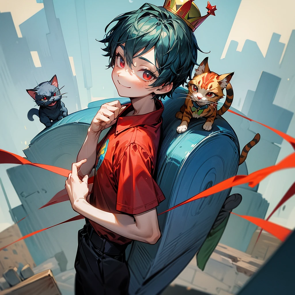 Create a boy, a 10-year-old who has a blue, red, green and yellow crown that has the symbol of the reverse of one on the ends and he has some bricklaying tools on his back, a mini kitten on his shoulder, a red shirt with a very cute cat on the print and have black pants and very bright red eyes and a big, beautiful smile