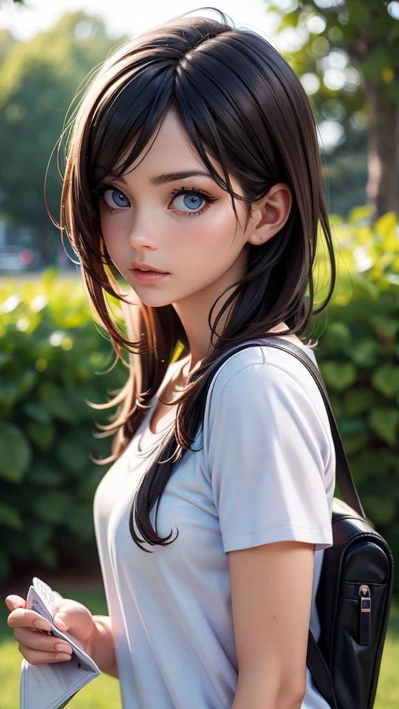 best quality, 4k, 8k, highres, masterpiece:1.2), ultra-detailed, (realistic, photorealistic, photo-realistic:1.37), playful, cartoon, student (girl), school bag, surprised, looking at a wallet in her hands, white t shirt, outdoor, 3d rendering, beautiful detailed eyes, beautiful detailed lips, extremely detailed eyes and face, longeyelashes, colourful, soft lighting, green grass, lively atmosphere