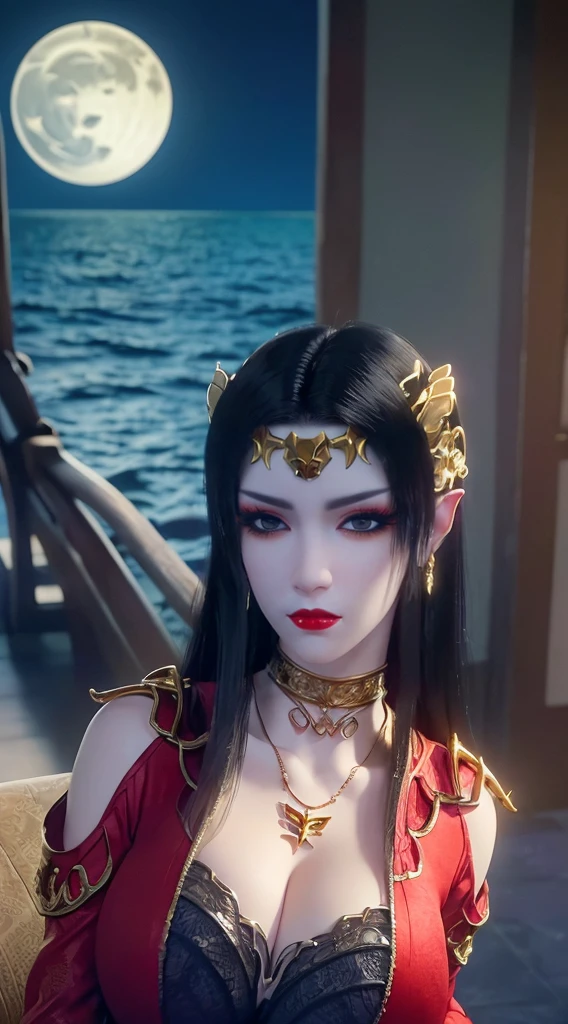 1 extremely beautiful queen, ((wears a red traditional Han costume with thin black patterns:1.6)), (((Patterns on clothes:1.6))), ((long black hair:1.6)), jewelry elaborately made from precious stones and beautiful hair, ((wearing a 24k gold lace necklace:1.4))), the noble, noble style of an extremely beautiful girl, her small face is super cute, her face is very pretty, thin eyebrows, flawless beautiful face, ((black eye pupils: 0.8)), very beautiful eyes, ((platinum blue eyes: 1.6)), (((eyes wide open:1.6))), nice makeup and hair detailed eyelashes, steamy eye makeup, high nose, earrings, red lips, ((closed mouth: 1.5)) beautiful lips, slim hands, most beautiful thighs, ((arms spread out to the sides: 1.5)), rosy face, clean face, flawless beautiful face, smooth white skin, (big breasts: 1.5)), ((high breasts: 1.6)), tight breasts, beautiful cleavage, (((big breasts and super round: 1.8))), ((super tight breasts: 1.7)) , beautiful breasts, perfect body, back arms, chest out, thin black mesh stockings with black lace trim, 8k photo, super high quality, super realistic, super 10x pixels, optical, bright studio, bright edges, dual-tone lighting, (high-detail skin:1.2), super 8k, soft lighting, high quality, volumetric lighting, photorealistic, photorealistic high resolution, lighting, best photo, 4k, 8k quality, blur effect, smooth sharp, 10 x pixel, ((sea and moonlight at night background:1.5)), aurora, lightning, super graphics realistic, most realistic graphics, 1 girl, alone, solo, Extremely sharp image, surreal, (((frontal portrait: 1)))."