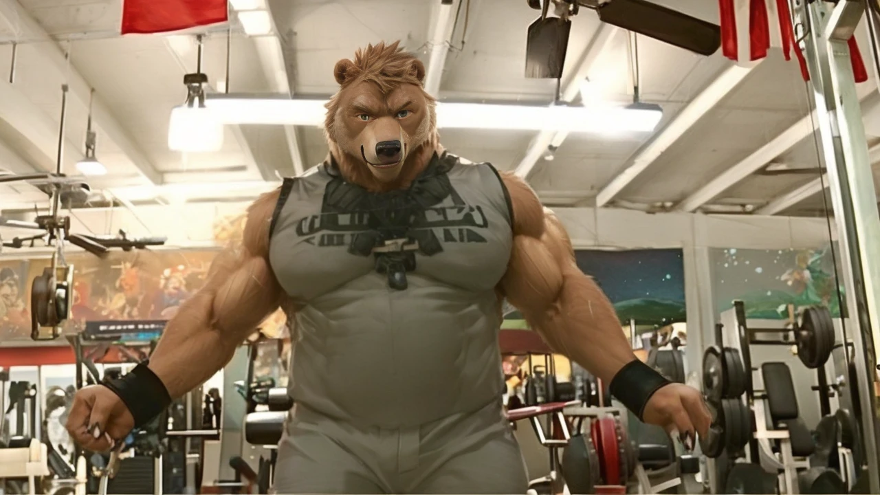 solo, kemono, Grizzly Bear, anthro, muscular, male, brown fur, furry, black shorts, shirtless and topless, black wristbands, gym, cable crossover machine, cable uppercut fly, pulling the flyes, gym equipments, workout, 2D Disney art, perfect lighting, (light particles), (best quality), (masterpiece), (ultra detailed), sharp focus, light particles