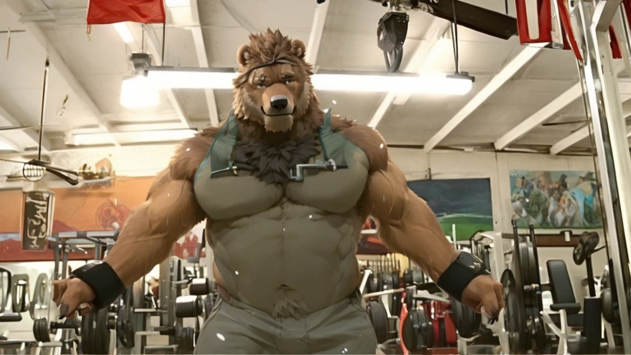 solo, kemono, Grizzly Bear, anthro, muscular, male, brown fur, furry, black shorts, shirtless and topless, black wristbands, gym, cable crossover machine, cable uppercut fly, pulling the flyes, gym equipments, workout, 2D Disney art, perfect lighting, (light particles), (best quality), (masterpiece), (ultra detailed), sharp focus, light particles