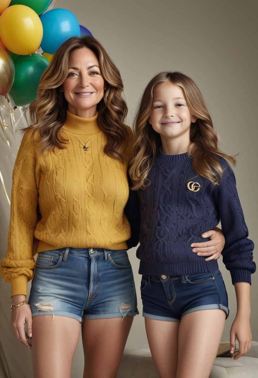 A real photograph of a half-smiling 45-year-old woman, half-saggy breasts, curvy body, and layered wavy brown hair falling in front, standing next to her smiling 11-year-old daughter. The 45-year-old woman is wearing a luxurious black and gold Louis Vuitton sweater, navy blue mini shorts with tears, she looks beautiful, her daughter is wearing a mustard Gucci sweater. They have almond-shaped eyes, a children's party background, full of sex and depravity with colored balloons. The two look at the photographer, hyperreal, better photography, photorealistic, lifting their shirt.