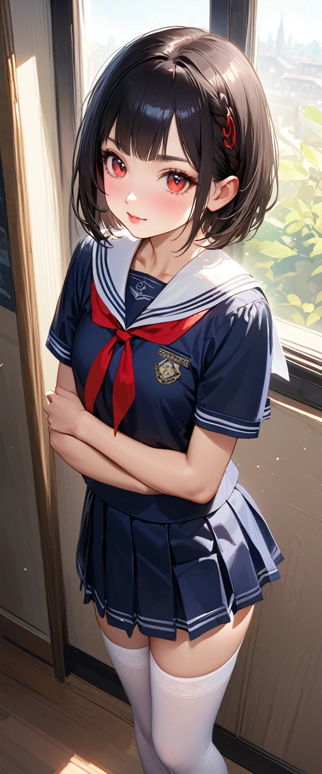 Highest quality、High resolution、Detailed Background、Beautiful face in every detail、Teenage beauty、Detailed red eyes、Realistic、Perfect body line、Black Hair、Braided bob cut、well-groomed eyebrows、Cute Lip Makeup、Calm atmosphere、A short-sleeved shiny dark sailor suit、White sailor collar、Navy blue pleated skirt、Red ribbon、White Stockings、Standing by the window of a classroom、He looked at me with a happy expression.、Cute gestures、so beautiful
