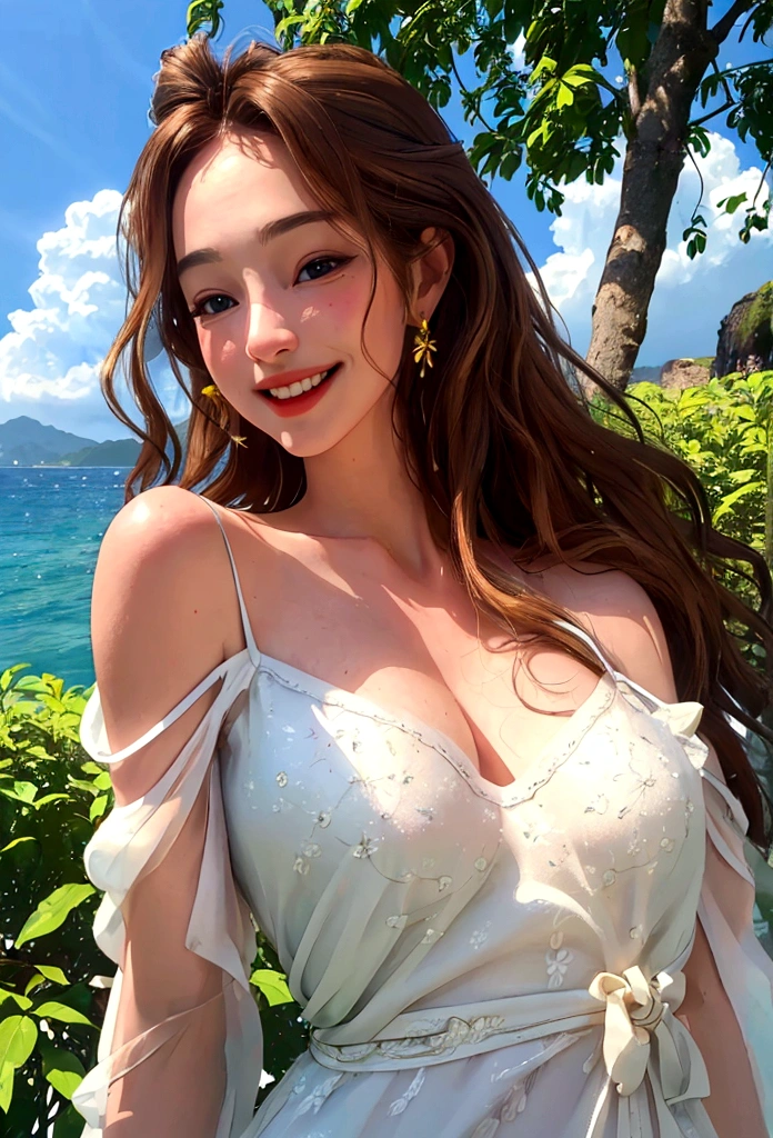 (Surrealistic style), (Woman 1_Pretty face and delicate features, eye smile and happy smile, long brown hair, bushy hair), (Beauty_Clear white skin), Jeju Island, solo travel, white dress, breeze , Fragrant Midsummer, Nature, (Highest Quality, 4k, 8k, High Definition, Masterpiece: 1.2), Ultra Detail, (Realistic, Photorealistic, Photorealistic: 1.37), HDR, UHD, Studio Lighting, Sharp Focus, Physically Based Rendering, Extremely Detailed Ham, Professional, Vivid Colors, Bokeh, Portrait