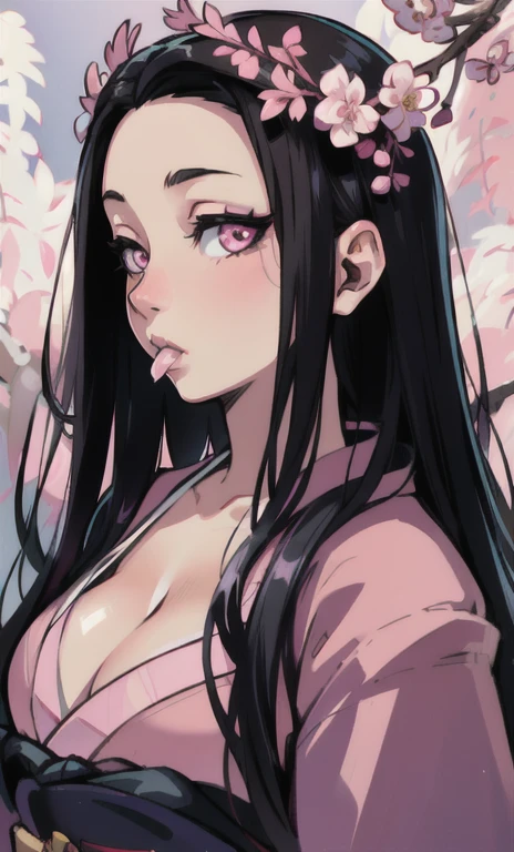 masterpiece, (pink kimono), seductive face, good lighting, cleavage, fine detail, masterpiece, glowing eyes, 1girl, black hair, sucking, nezuko kamado, wisteria background, masterpiece, best quality, pov,,