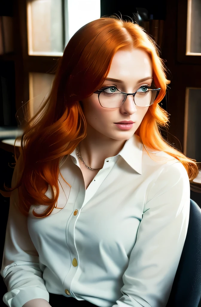 Photo of Sophie Turner, real, Beautiful actress, (ginger hair), ((Portrait)), ((Detailed face:1.2)), ((detailed facial features)), finely detailed skin, bright green eyes, futuristic lab environment, Sitting on a chair, , She is wearing cat-eye glasses, a thight blouse with some open buttons and white a labcoat, Warm color, cozy, Natural light, No reflectors, ((Candid shot)), ((Photographed in a realistic style)), (High definition), Wallpaper quality, (Emotive and intimate lighting).