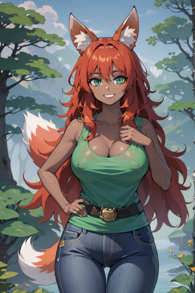 masterpiece, best quality, highres, zoo1, green eyes, bangs, orange hair, very long hair, fox tail, dark skin, fox girl, tank top, jeans, belt, forest, cowboy shot, upper body, smile, povhard nipples on the chest