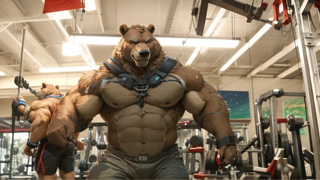 solo, kemono, Grizzly Bear, anthro, muscular, male, brown fur, furry, black shorts, shirtless and topless, black wristbands, gym, cable crossover machine, cable uppercut fly, pulling the flyes, gym equipments, workout, 2D Disney art, perfect lighting, (light particles), (best quality), (masterpiece), (ultra detailed), sharp focus, light particles