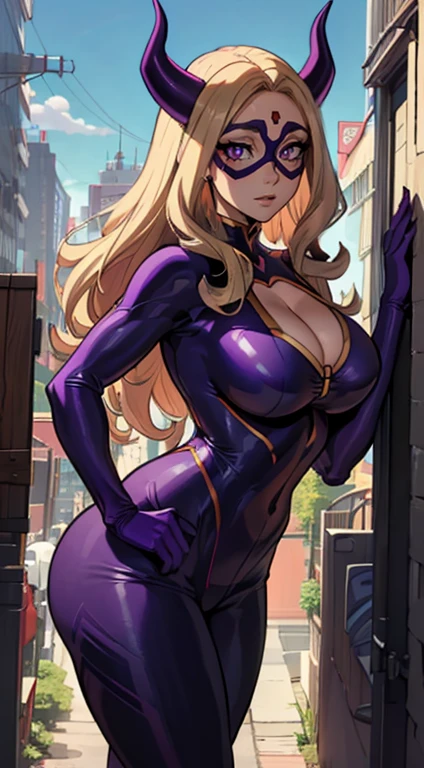 (best quality: 1.3), Mt Lady by Boku no Hero, (blonde), busty, cleavage, seductive, sexy, curvy body, big ass, , (mask), (body suit), (purple horn), (city)