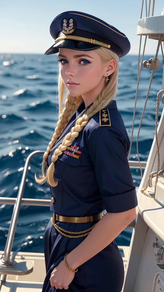a beautiful blonde girl wearing a US navy sailor uniform, detailed face, beautiful eyes, long eyelashes, detailed skin, jewelry, navy cap, military uniform, standing on a ship deck, ocean background, dramatic lighting, vibrant colors, cinematic, 8k, photorealistic