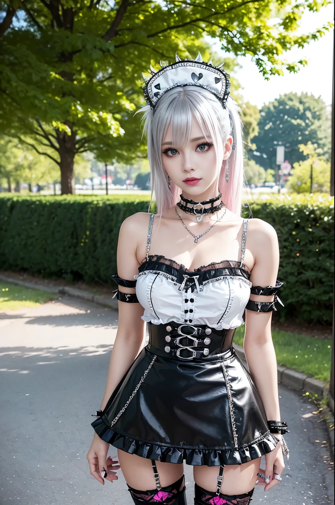 sexy stylish Swedish model, only 1 female, ((doll-like appearance)), long neon pink stylish hair, ((shiny Punk-Style boots)), (beautiful smile), ultra detailed eyes, Punk makeup, lipgloss, ((sexy Punk ta cosplay)), unconventional skirt, petticoats, high neckline, ((ultra detailed lace)), ((ultra detailed embroidery)), intricate details, tartan patterns, (silver chains), (silver spikes), (safety pins), Punk Loliccessoires, Punk Lolita cr, ((large sparkling Punk Lolita jewel, cinematic light, detailed large park background with trees