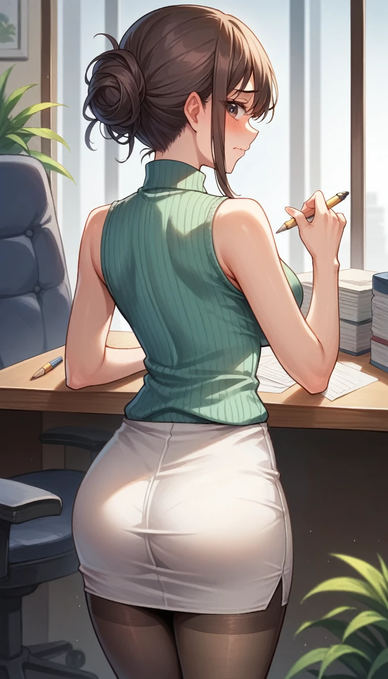 masterpiece, High resolution, perfect face, beauty of japan, 30 years old, beautiful face, office, sleeveless sweater, mini pencil skirt, tights, embarrassed look, look at the camera, top quality eyes, detailed texture, look at the camera, medium tits, Married woman, cool women, high resolution eyes, back, ass