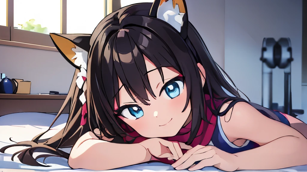 ((masterpiece)), ((best quality)), (ultra-detailed), anime style, on the bed, a cute girl, 1girl, solo, gym shorts00, ((beautiful eyes)), smile