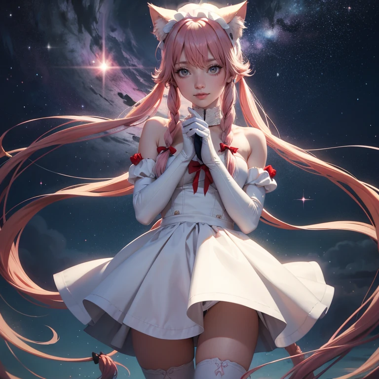 1girl, white maid dress, jewelry, pink hair, flowing hair, long hair, pigtails hair, maid dress with a short skirt and layers, white laces, white boots, white dress with transparency, gold details on her clothes, cat ears, animal ears,  more details, perfectly body, perfectly hands, two hands, two legs, two arms, five fingers, glowing hair, best quality, cat ears, animal ears, tail ornament, tail bow, white gloves, two cat tail, white gloves, alone, maid headdress, choker, detached sleeves, maid dress, maid white dress, masterpiece, best quality, detailed face, night, asymmetrical gloves, bangs, white short skirt , white gloves, white boots, earrings, elbow gloves, fishnet thigh highs, fish masterpiece, solo, best quality, detailed face, gloves, hair between eyes, jewelry, long hair, looking at viewer, single earring, sky, solo, thigh boots, thigh highs, uneven gloves, cat ears, solo, alone, Looking at the viewer, More details on the clothes, magenta roses on her hair, space scenery, maid, maid dress, magenta details, magenta roses, maid headdress, maid apron, wave hair, long hair, seat on the Saturn rings, bats details on her clothes, more details on her clothes, gold details on her clothes, space, smiling, standing her hand to a viewer, looking at the viewer, in the background a several asteroids glowing with fiery auras, Dramatic lighting from distant stars and planets illuminates the scene, looking at the vast and mysterious universe, cowboy shot, upper body portrait, more details, sparkle,