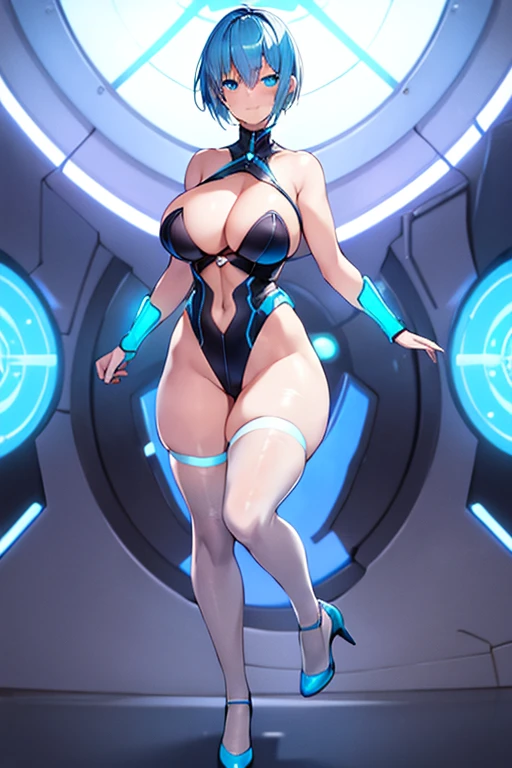 1girl, blue hair, pixie cut, very short hair, smile, breasts, leotard, white leotard, pantyhose, black pantyhose, neon, futuristic, science-fiction, full_body, ((full body)), mature female, hourglass figure, large breasts, machinery, tech, neon trim