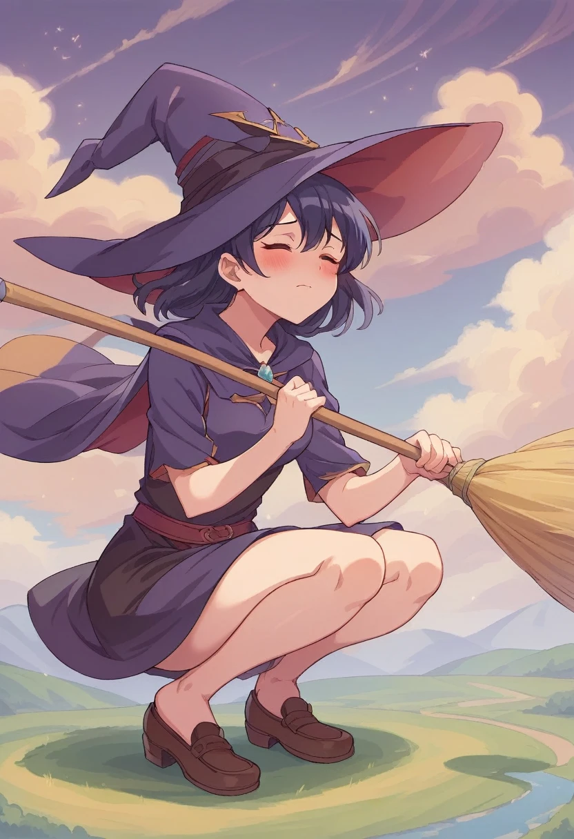 ((((空を飛ぶwitch))),((Ride a broom)),(Straddling a broom),Fantasy,Beautiful light and shadow,Anatomically correct,masterpiece,Highest quality,最高masterpiece,8K,Use of magic,witch:witchの帽子:witchの衣装:Familiar,Wind,Fantasy,wonderful,An illustration,Digital Art,wonderful,wonderful,カラーAn illustration,Rich colors,(Blushing),(Eyes closed),(Mouth closed),(Holding the broom tightly with both hands),(slightly squatting),(Both feet are on the ground),(Both feet are wearing shoes),（ The broom handle is connected by a single piece）,(The tips of the broom face backwards)