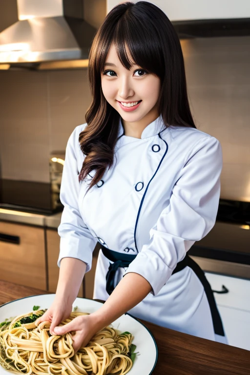 (dynamic angle:1.3, front view:1.1, breast focus:1.3, from above:1.1), (dynamic posing:1.2, sexy posing:1.2), (seductive smiling:1.3), ((holding Pasta on a plate,Taking the pasta out of the pan, worried about the outcome:1.2)),highest quality、(real、photorealistic:1.4),(ultra high resolution, 8K RAW photo, clear focus), best qualtiy, natural lighting, field depth, (Bright pupils, detailed beautiful eyes, high detailed face), Red lip, (tight focus:1.2), a girl 22yo old, Wearing a pastry chef uniform:1.3 , Thicc, thin breast, long hair, blue eyes,garter stocking, cleavage:1.2, midriff, black shorts, black thighhighs, thigh strap, pretty girl, (highly detailed beautiful face and eyes,firm breasts),real skin,((black,hair,long pony tail hair)),thin pubic hair,cute,lovely, detailed eyes,(double breasted:1.0,under bust:1.0),(with sparkling eyes and a contagious smile),open mouth, Looking at Viewer,A scene of make cooking Carbonara Pasta in the kitchen