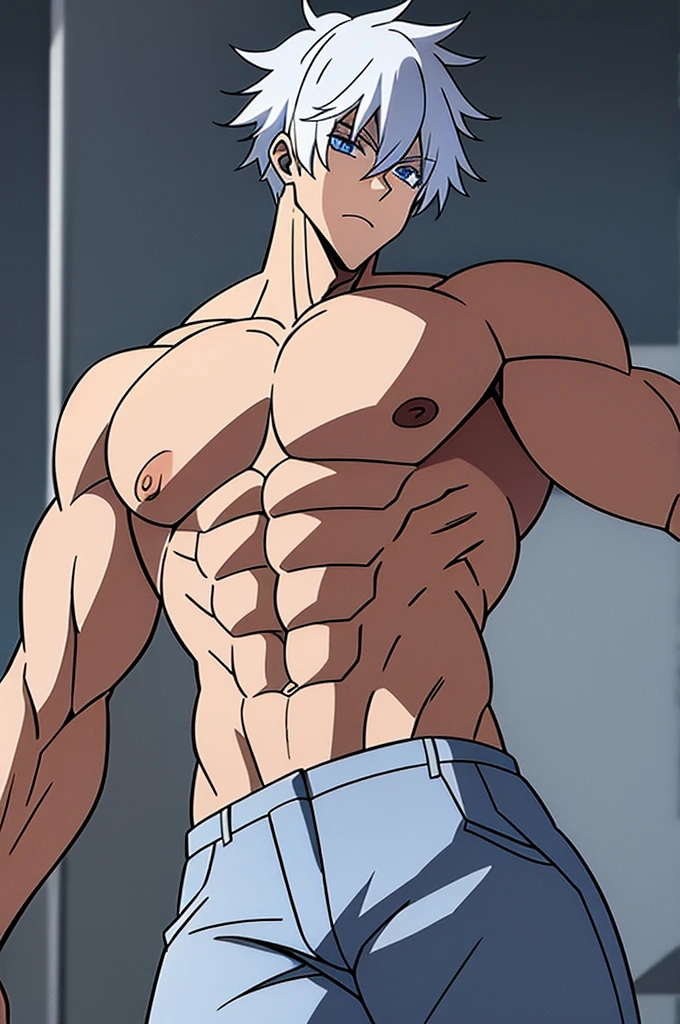 White hair,look at viewer,muscular man,long jeans,topless,pose