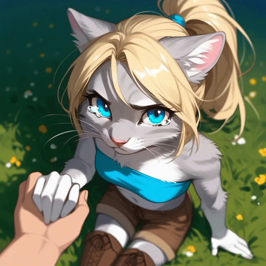 Solo, score_9,score_8_up,score_7_up, source_furry, kat, Anthro furry feline, blue eyes, blonde hair, (ponytail hair), pink nose, :3, white whiskers, silver fur, furry body, wearing blue bandeau, brown short shorts, brown boots, on her knees, w sitting, sniffling, sad expression, tearing up, on a grassy field, outdoors at night, pov, human viewer, from above, Birds Eye view, pov viewer is holding her hand, hand holding