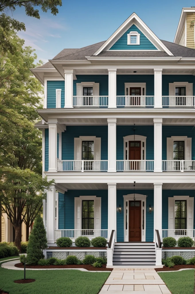 Create a two-story house façade with elements of colonial architecture