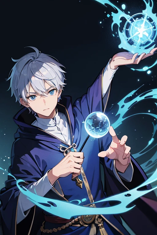 masterpiece, Highest quality, High resolution，Anime Style、Anatomically correct、Silver Hair、Short Hair、male、Wizard、Robe、magic、Blue Flame Cross、With an ancient castle in the background、Upper body only