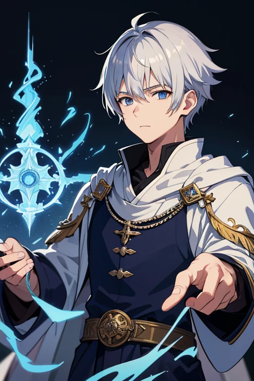 masterpiece, Highest quality, High resolution，Anime Style、Anatomically correct、Silver Hair、Short Hair、male、Wizard、Robe、magic、Blue Flame Cross、With an ancient castle in the background、Upper body only