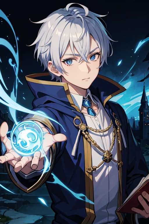 masterpiece, Highest quality, High resolution，Anime Style、Anatomically correct、Silver Hair、Short Hair、male、Wizard、Robe、magic、Blue Flame Cross、With an ancient castle in the background、Upper body only