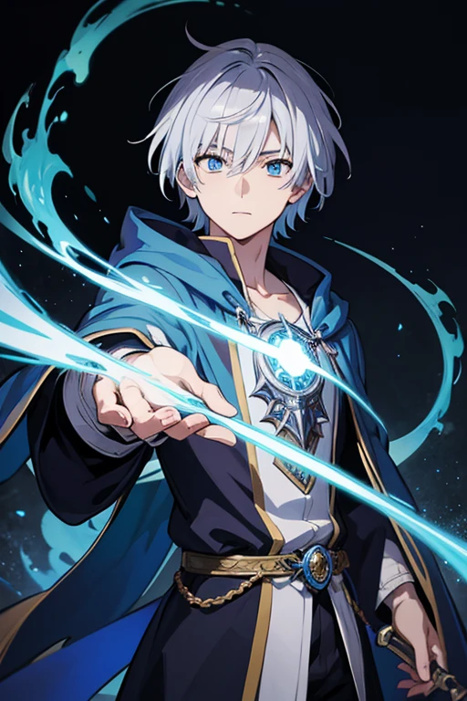 masterpiece, Highest quality, High resolution，Anime Style、Anatomically correct、Silver Hair、Short Hair、male、Wizard、Robe、magic、Blue Flame Cross、With an ancient castle in the background、Upper body only